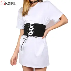 Ladies white Short Sleeve Belted Corset Tshirt Dress