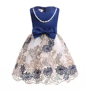 Crianças Colar de Pérolas Vestido de Crianças Por Atacado Vestido Da Menina Formal Bordado Floral Azul Royal Prom vestido de Baile Vestidos De Tule De Noiva