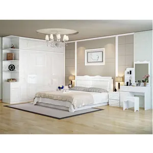 Белый комплект для спальни, современный комплект для спальной комнаты с туалетным столиком/ночами/шкафом, глянцевая кровать с функцией хранения
