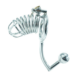 Grappige Stalen Metalen Mannelijke Kuisheidapparaat Kooi Met Anale Haak Plug Cockring - Product Image 1