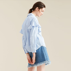 <span class=keywords><strong>Azul</strong></span> claro ruffle manga <span class=keywords><strong>jersey</strong></span> de cuello de rayas últimas mujeres Oficina blusa camisa diseños - Product Image 3