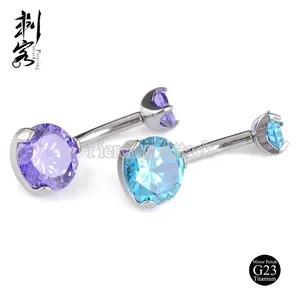 G23 Solid Titanium Internally Threaded Double CZ Gem Belly Bar Navel Belly Ring