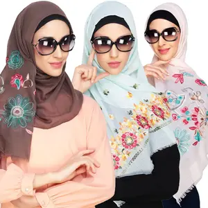 Jilbab Desain Mewah Muslim Polyester Katun Syal Bordir untuk Anak Perempuan