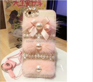เคสหลัง PC ประดับพลอยเทียม TPU ขนโบว์ไข่มุกหรูหราสำหรับ <span class=keywords><strong>iPhone</strong></span> <span class=keywords><strong>7</strong></span> <span class=keywords><strong>7</strong></span> Plus 6S 6S Plus