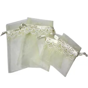 Fashion organza promotional jewelry bag customized ribbon logo drawstring wine pouch organza bags with lace