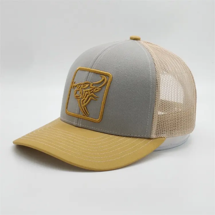 Wholesale Classic Custom 6 Panel Made Gold 3D Animal Patch Embroidered Yellow Mesh Trucker Hat Snapback Caps