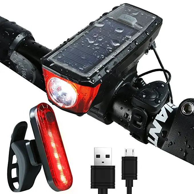 USB có thể sạc lại không thấm nước IPX5 năng lượng mặt trời Powered xe đạp ánh sáng dẫn ánh sáng phía trước với Chuông sừng năng lượng mặt trời xe đạp leo núi đèn