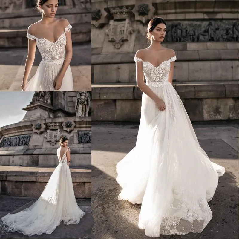 Babyonline Hot Sell Brand Sheer Bohemian Wedding dress Off the Shoulder Lace Tulle Sweep Train Backless Bridal Gowns