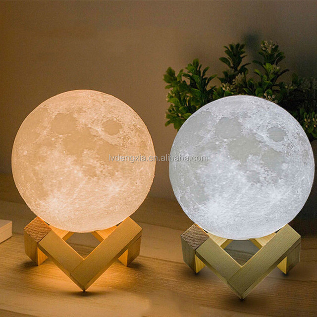 Creative 3D Print Moon Lamp With 3D Lunar Lamp 2 Color Changeable Night Light Home Decor With Wood Holder