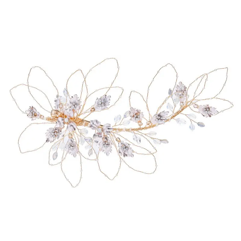 Handmade cô dâu pha lê headdress vàng lá đám cưới barrette Bridal tóc Clip phụ kiện