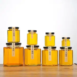 Frasco hexagonal transparente, pote de gelatina de mel de 200ml e 300ml, jarra de mel com tampa de metal