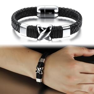 Véritable bracelet en cuir hommes en acier inoxydable en cuir tresse Bracelet avec boucle magnétique claps pulseiras masculina - Product Image 1