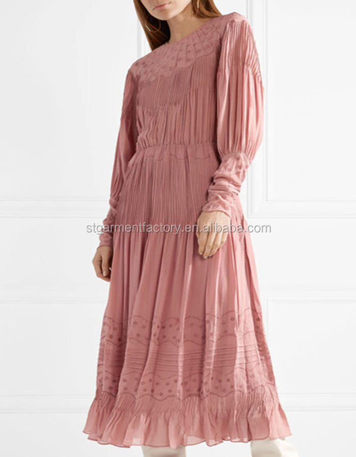 Spring Autumn Ruffles Embroidered Girls Dress Women Prom Midi Dress Vintage Ladies Skirt Clothes Stb-0282 