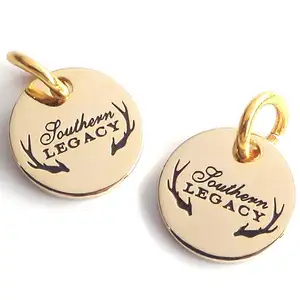 Étiquettes de marque de vêtements rondes en métal gravées sur mesure en laiton, étiquettes en émail personnalisées avec logo pour vêtements - Product Image 1