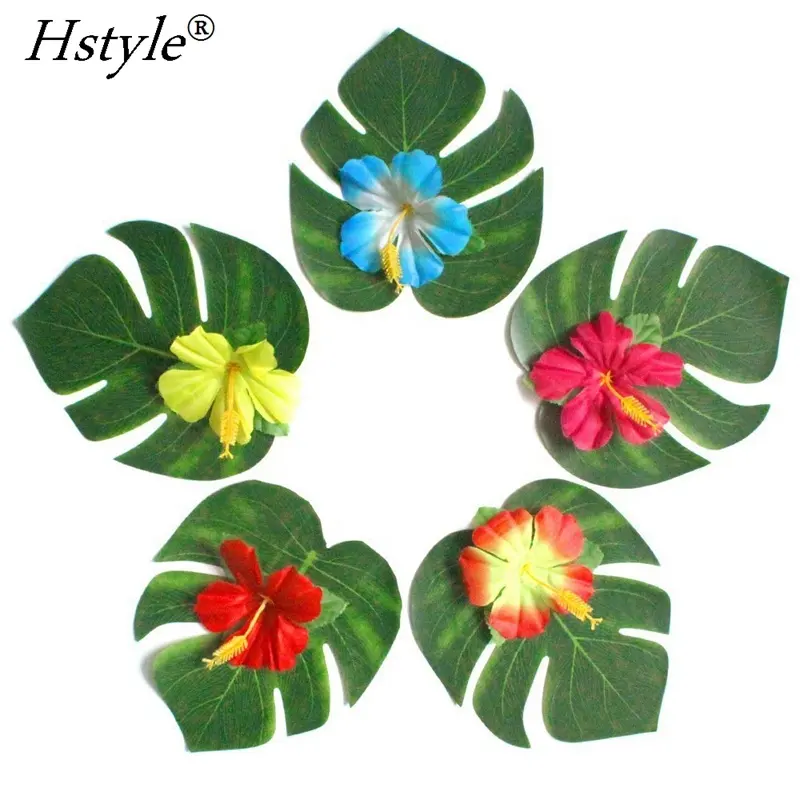 48PCS 20cm/8" Tropical Palm Leaves and Silk Hibiscus Flowers Party Decor, Artificial Monstera Plant Leaves Flowers FZH009