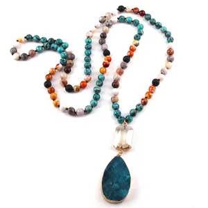 Женское Ожерелье для костюма йоги 108 бусины Mala Multi Stone с узлом кристаллом звено натуральная Друза Подвеска Ожерелье