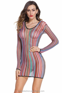 Egzotik gökkuşağı pijama Babydoll kadın yatak odası iç çamaşırı uzun kollu Sheer şerit Fishnet Chemise Zigzag desen E22562 - Product Image 5
