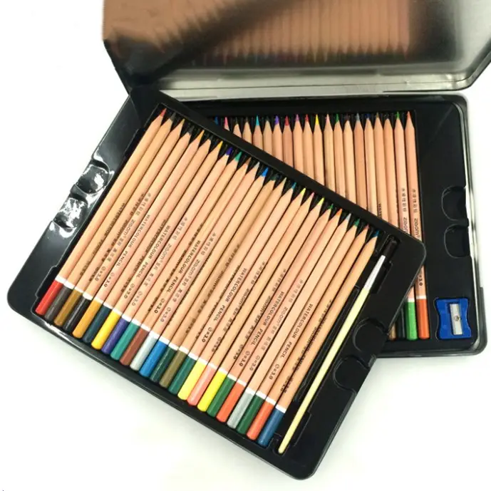 Ensemble de couleurs OEM Boîte en fer blanc 48 crayons de couleurs 48 crayons de couleurs Pro crayons de couleur professionnels solubles dans l'eau en bois enduits