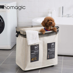 Polyester Foldable Collapsible Dirty Clothes <strong>Laundry</strong> Basket <strong>Double</strong> Sorter <strong>Laundry</strong> <strong>Hamper</strong> With Wheels - Product Image 3