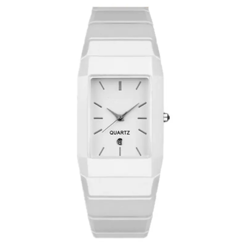 latest white ceramic couple watch simple design square case quartz watches hot fashion date window lady analog watches