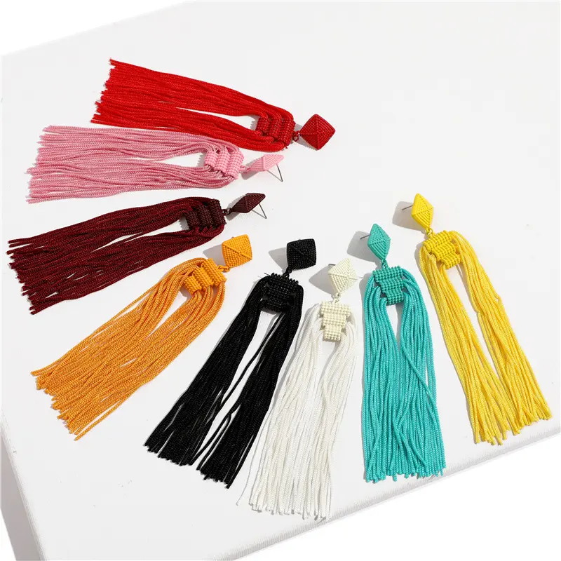 Aliexpress-pendientes colgantes de borla de flecos de Color sólido multicapa, aretes colgantes de borla de seda de 3 capas de tamaño largo para niñas