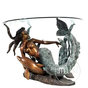 Modern Art Luxury Bronze Mermaid with Dolphin Coffee Table Base Sculpture