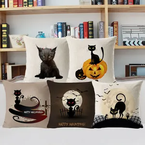 2024 chat noir Halloween maison décorative coton lin carré chaise housse de coussin 18x18 pouces chat amoureux cadeau