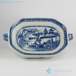 RYVM30 Ancient China <strong>Architecture</strong> <strong>Pattern</strong> Blue and White Ceramic Cheese Plate - Product Image 3