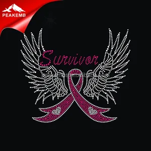 มะเร็งเต้านมRhinestone Angel Wingสีชมพูริบบิ้นเหล็กบนTransfers
