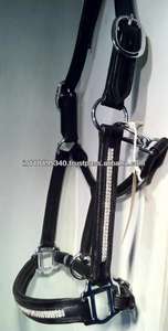 EQUINE SADDLE WORLD LH302 HIGH QUALITY LEATHER HORSE <b>HALTER</b> CRYSTAL CHAIN NOSE CHEEK SOLID BRASS HARDWARE ENGLISH SADDLE <b>HALTER</b> - Product Image 2
