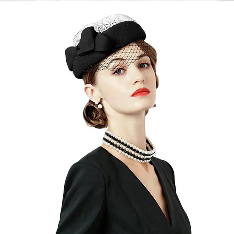 Topi Wanita Khaki Hitam Vintage Elegan Topi Wol Sarung Bantal Jaring Kerudung Wol Topi Wanita Pernikahan Fedora Fascinator Topi