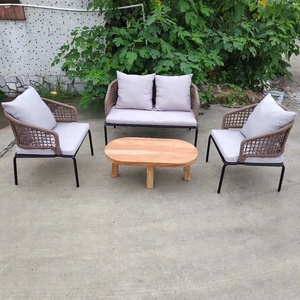 Conjunto de sofás de exterior para jardín, muebles de jardín, marco de Metal, cuerda tejida, mesa de madera - Product Image 4