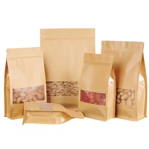 Manufacturer 1 kg Flat Bottom Protein Supplements Bag Pouch With Clear Window Square bottom Kraft paper Bags
