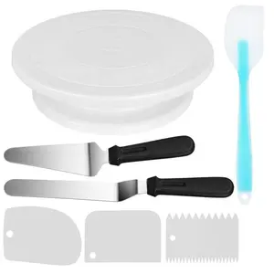 selling plastic handle stainless steel head cake decorating set with spatula and 11inches white turntable