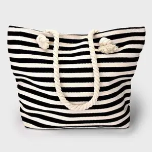 黑色白色条纹大绳 18 “帆布购物包单肩包沙滩包