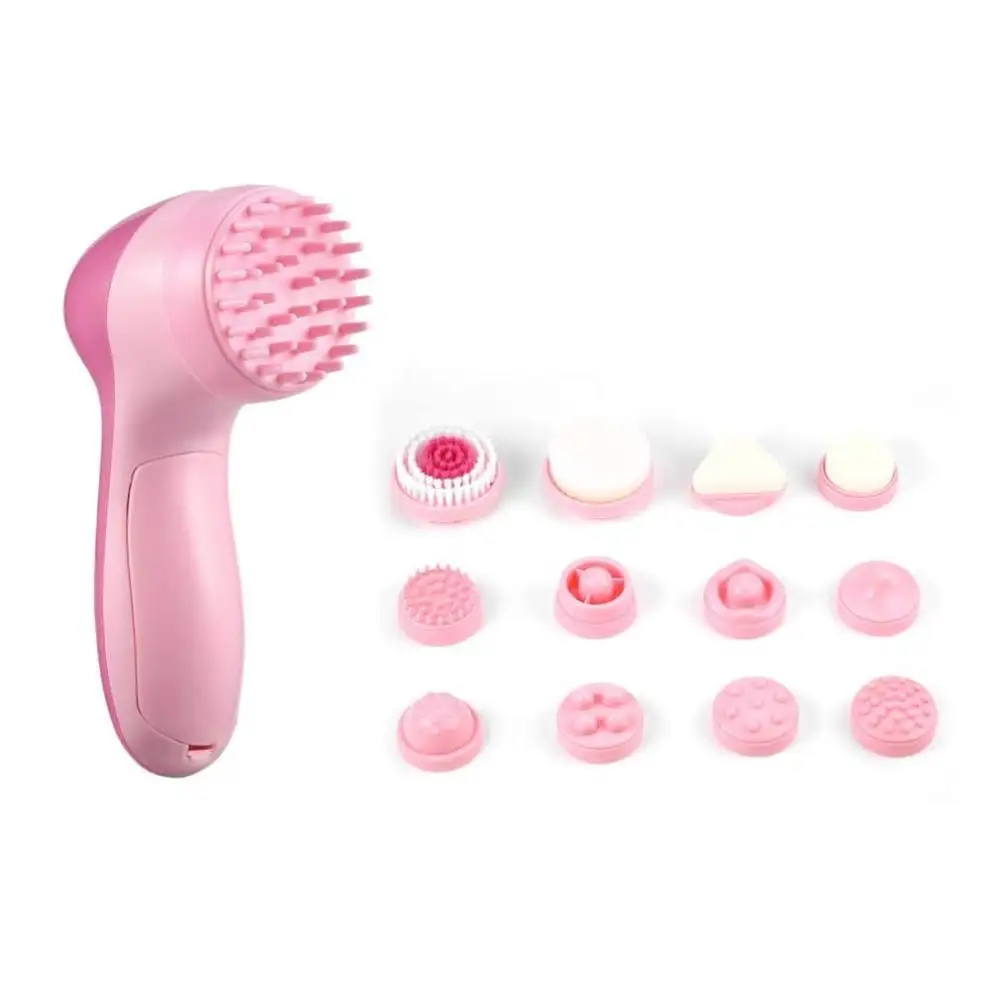 Cepillo eléctrico de limpieza Facial multifunción para mujer, Kit de masajeador corporal 12 en 1, Rosa, con esponja para limpieza de la piel