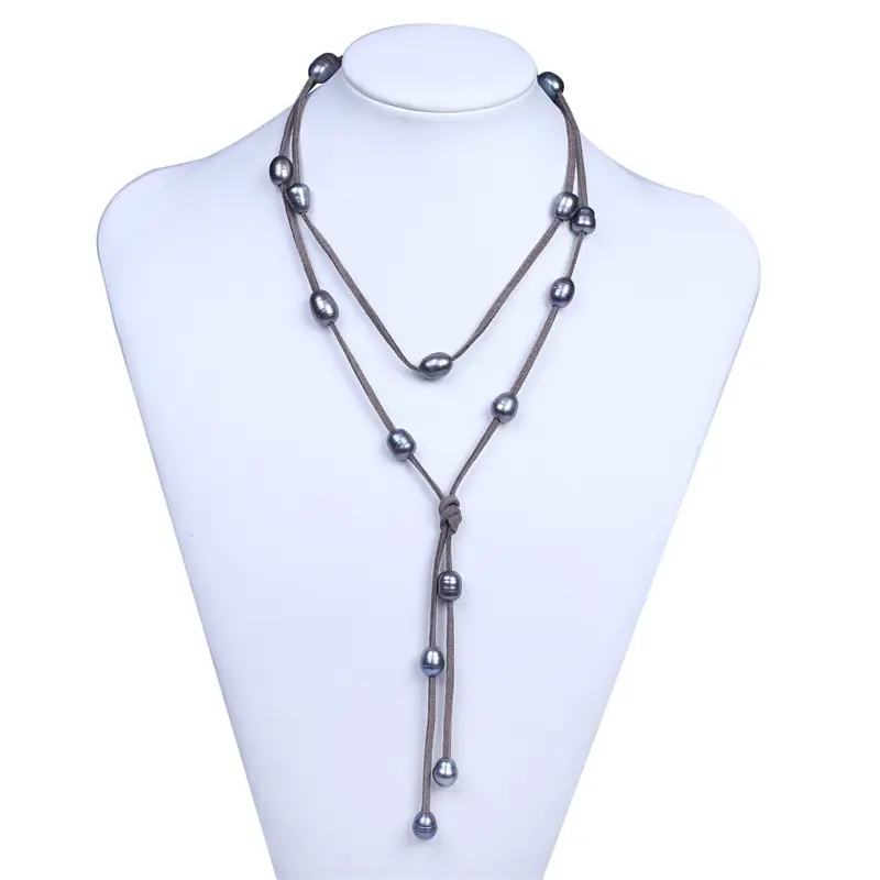 Graue Perlenkette, Perlen-Lariat-Halskette mit Wildleder