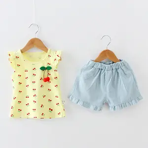 2018 summer cherry cartoon vest and pants set boutique sexy country sweet girl clothing