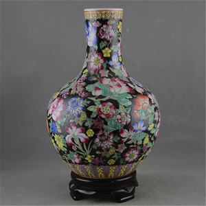 Cinese retrò fatti a mano pesante famille rose di porcellana di ceramica nero vasi per la vendita al dettaglio - Product Image 2