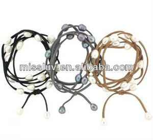 Perla d'acqua dolce cordoncino di cuoio braccialetti dell'involucro lungo in pelle scamosciata in pelle corda braccialetto di perle d'acqua dolce della collana reale dei monili della perla - Product Image 1