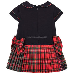 Girls' <strong>Tartan</strong> Pleat <strong>Dress</strong> with Peter Pan Collar Bow Decoration Cotton Casual Short Sleeve Style for Summer for Children - Product Image 2