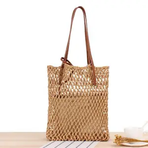 Raffia Net Crochet Raffia Einkaufstasche, Summer Tote Straw Mesh Bag, hand gefertigte Net Umhängetasche