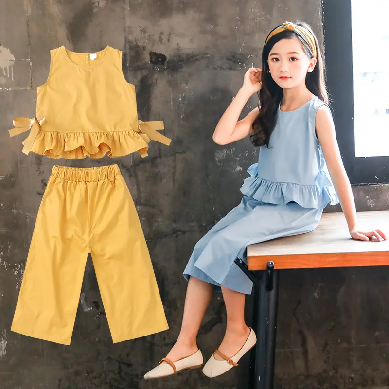 Setelan Baju Celana dan Rompi Renda Anak Perempuan, Pakaian Bayi Thailand Anak Perempuan 2 Potong Musim Panas Modis