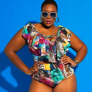 NEW Stock Print Big Ruffle Sexy Lady High Waist Bikini Plus Size Swimwear