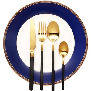 Hete Verkoop Restaurant Bruiloft Plating Zwart Handvat Goud Bestek Sets Mes Vork En Lepel Zwart En Goud Bestek Set