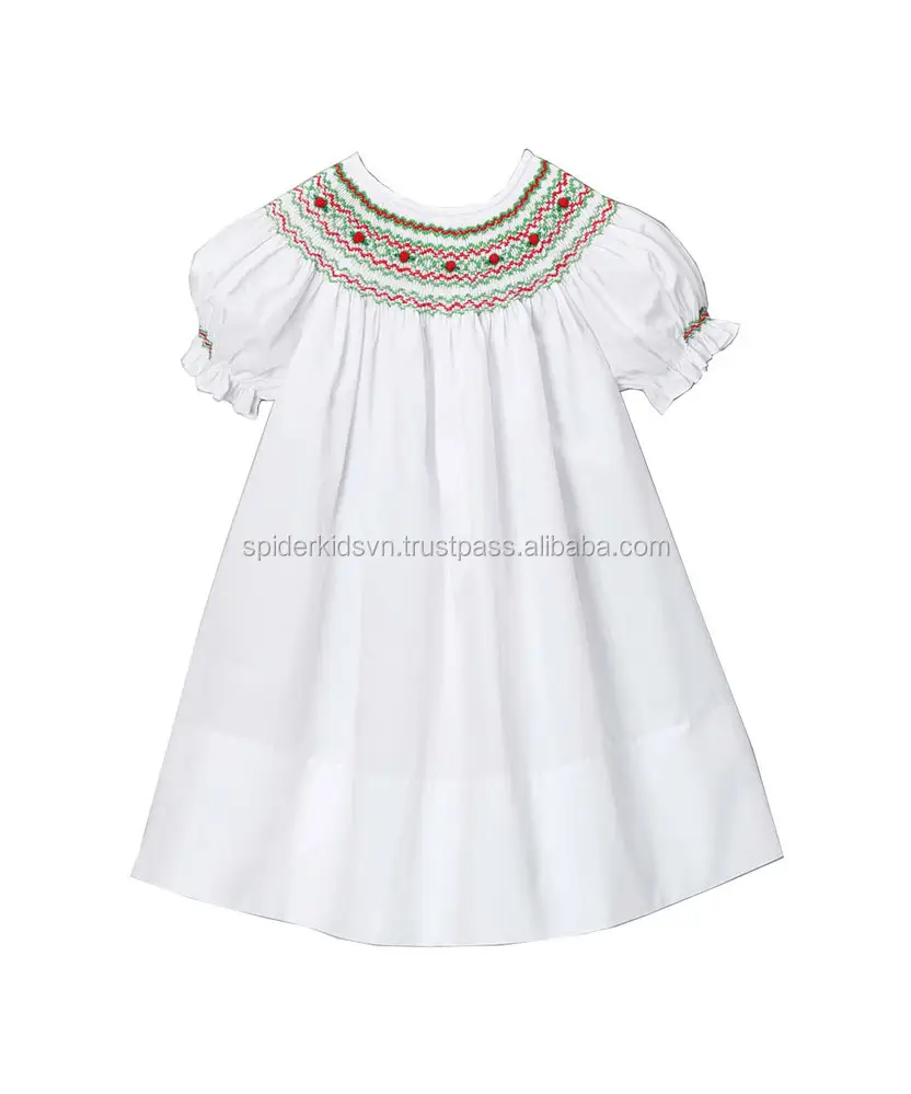 White Smocked Geometric Bishop Dress OEM Dress Baby Dress Wholesale OEM made in Viet Nam girls clothing