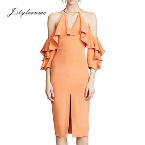 2018 nouvelles dames dos nu bretelles à volants V-cou fendue <span class=keywords><strong>mi</strong></span>-longueur <span class=keywords><strong>orange</strong></span> <span class=keywords><strong>robe</strong></span> - Product Image 6