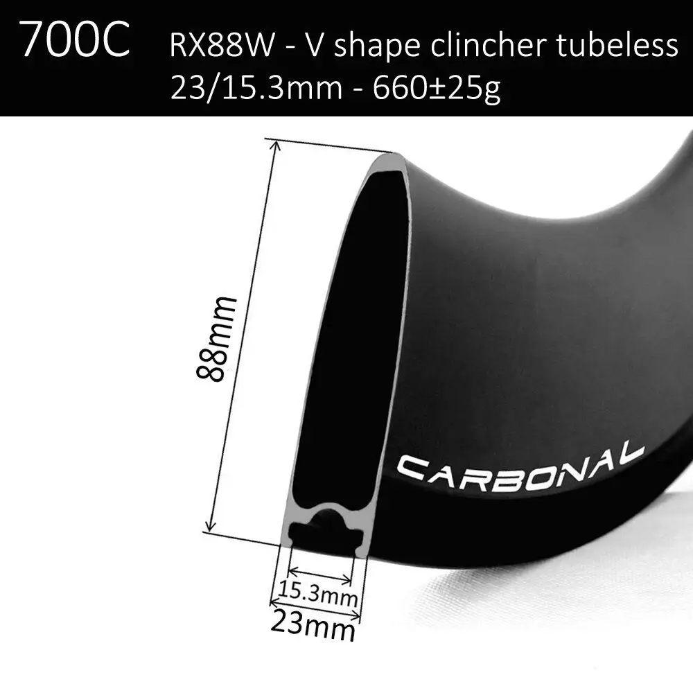 700C Racefiets 88Mm Carbon Clincher Velgen 23Mm Breedte Tubeless Klaar Velg 88Mm Carbon Velg