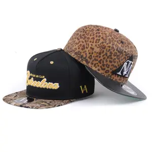 High Quality Acrylic Leopard Print Flat Bill Leather Brim Snapback Cap