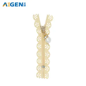 5# Decorative lace Nylon zipper with pearl pull handle Set auger Zipper slider For Woman Garment